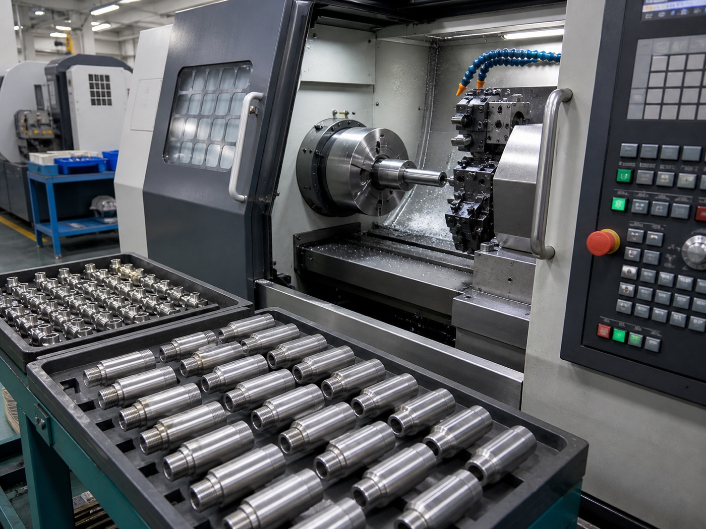 CNC machining workshop producing metal sensor housing parts