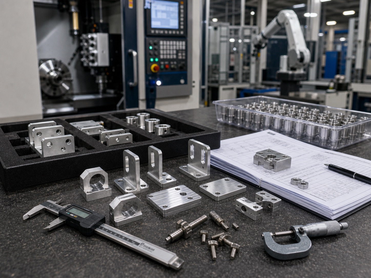 Automated quality inspection bench with aluminum sensor mounting parts