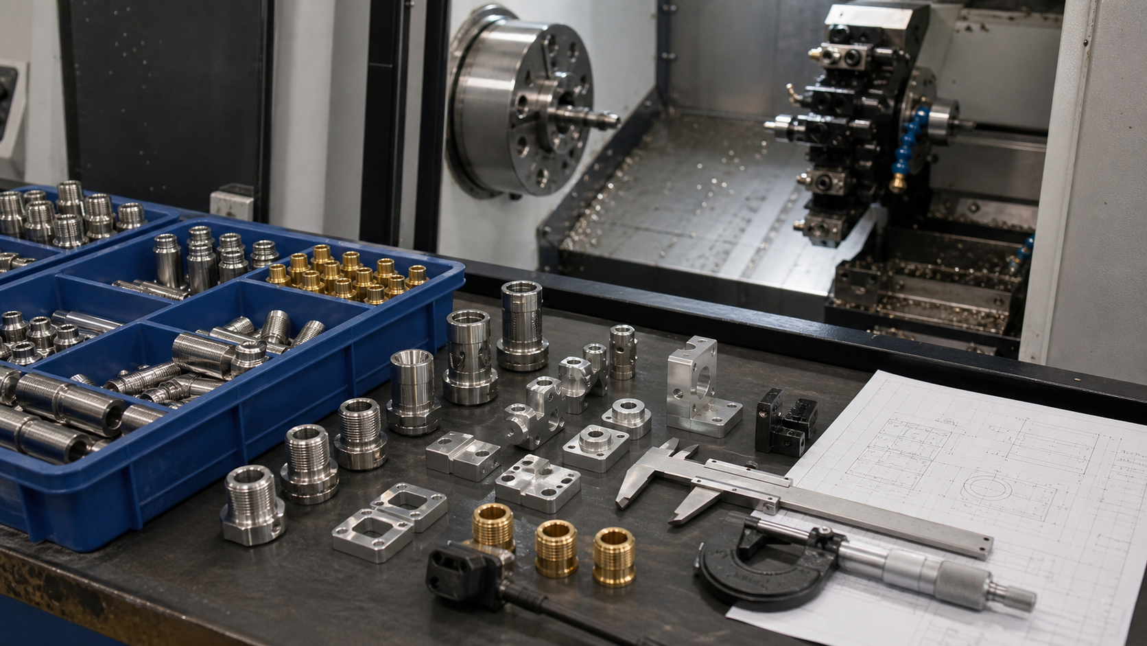 Custom machined sensor housings, threaded bodies, and mounting parts beside CNC equipment