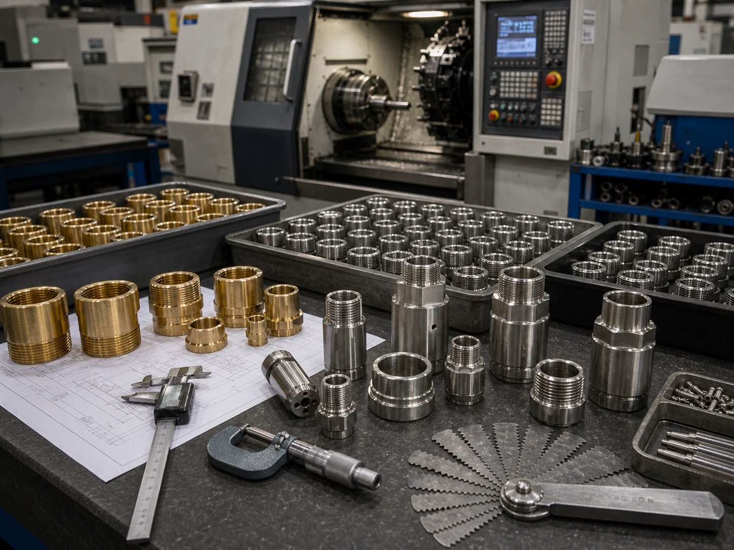 Brass adapters and stainless threaded components in CNC production workshop